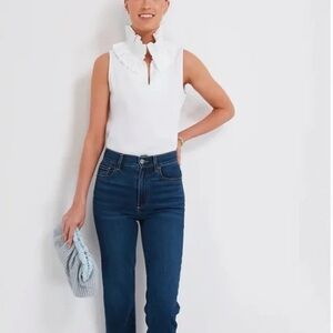 Tuckernuck White Stretch Poplin Ruffle Neck Bouvier Blouse